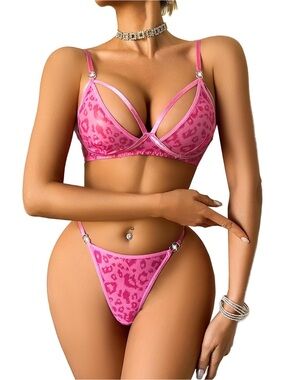 Pink Leopard Print Strappy Bra & Thong Set